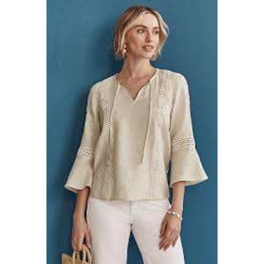 J. Jill Love Linen Crochet Trimmed Top In Oatmeal Barley- Women's Small Petite